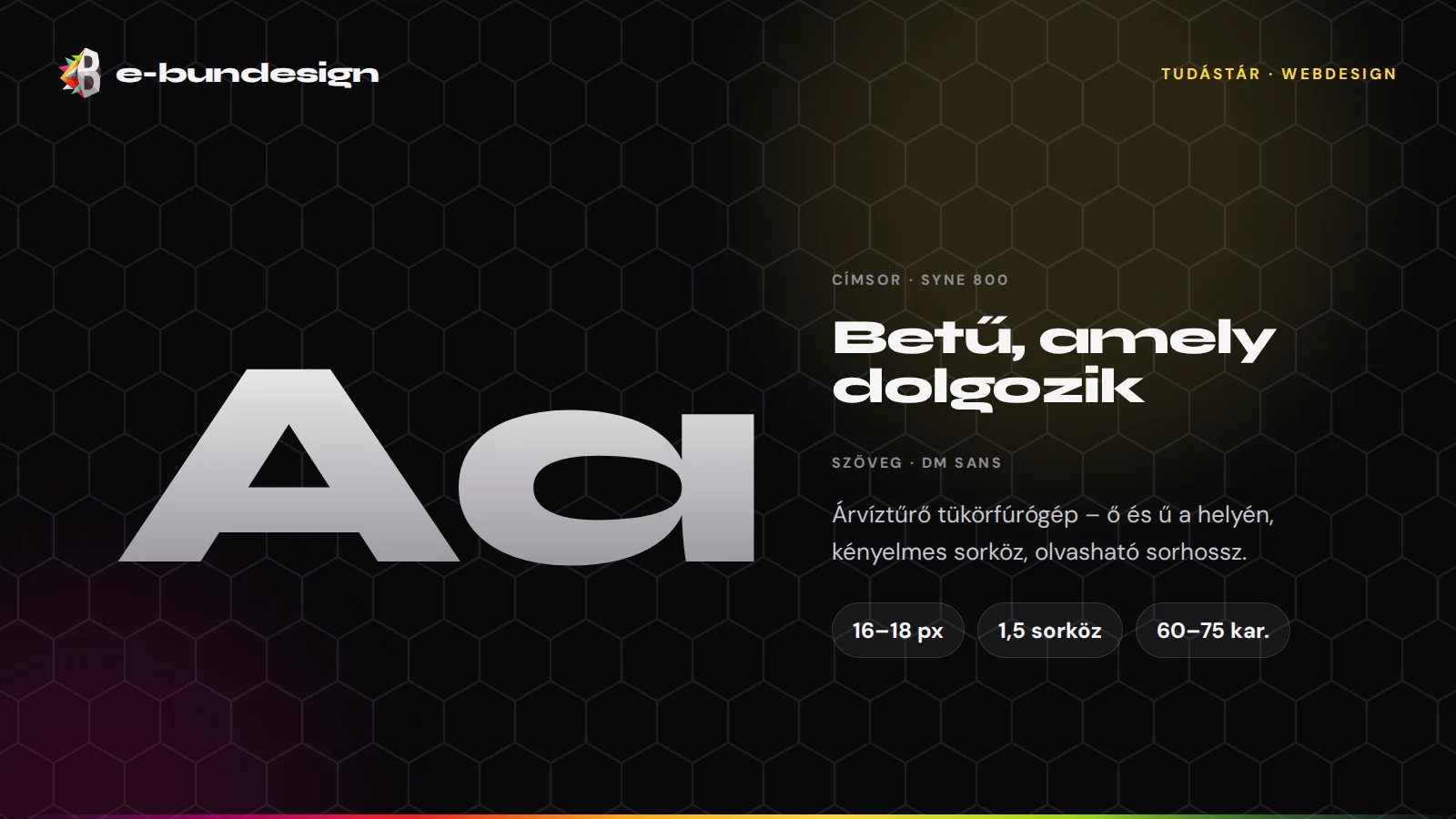 Nagy „Aa” betűpár, mellette a címsorbetű és a szövegbetű mintája, alatta sorköz- és sorhossz-jelölések.